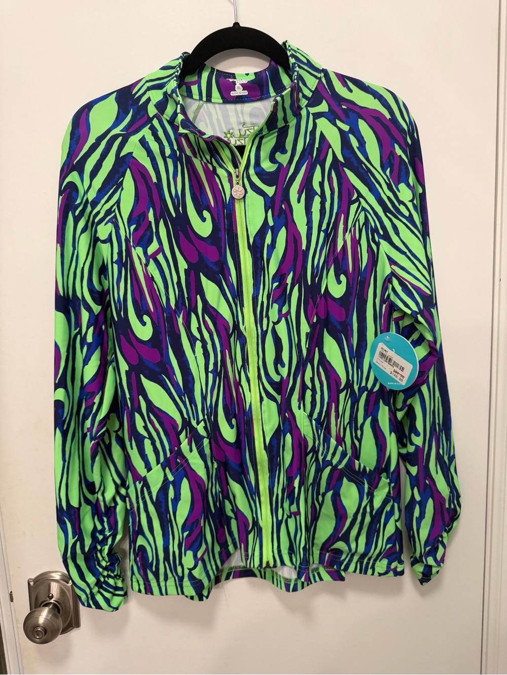 Tzu Tzu Neon Zebra-Print Bomber Jacket - Green/Purple/Blue